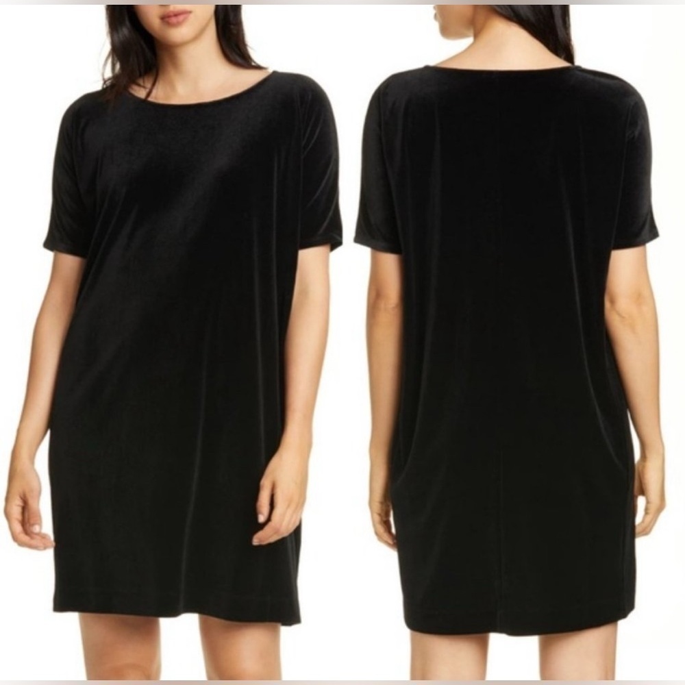 EILEEN FISHER Velvet Short Sleeve Sheath Dress in Black Size Extra Small
